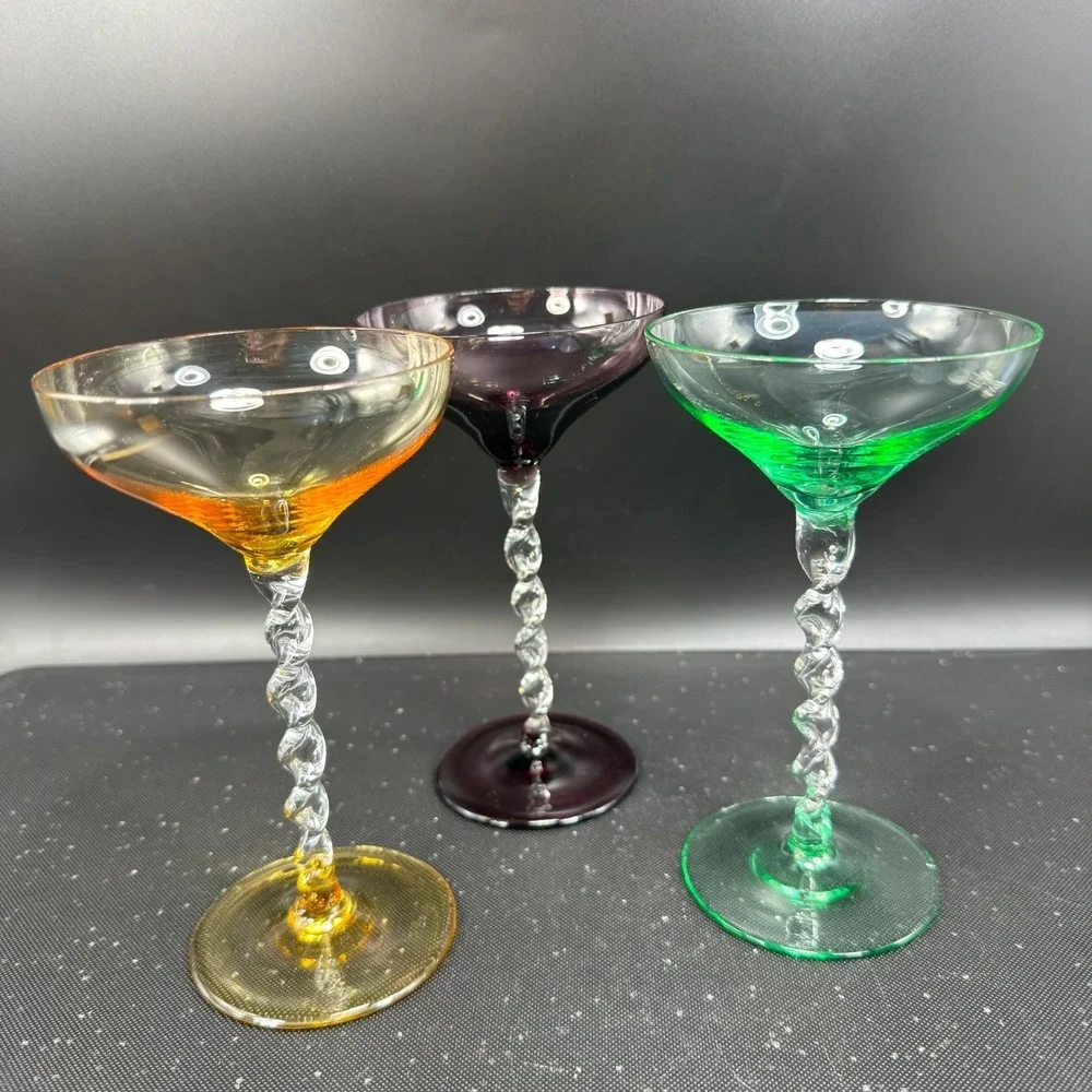 Pier 1 Martini Glasses Set of 3 Twisted Stem Amber Plum Green Barware Glasses